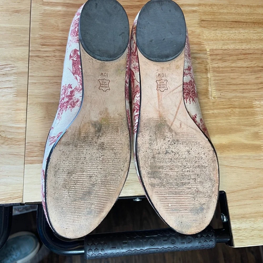 Talbots Red Cream Toile Canvas Ballet Flats Round Toe Bow Shoes Womens 10M